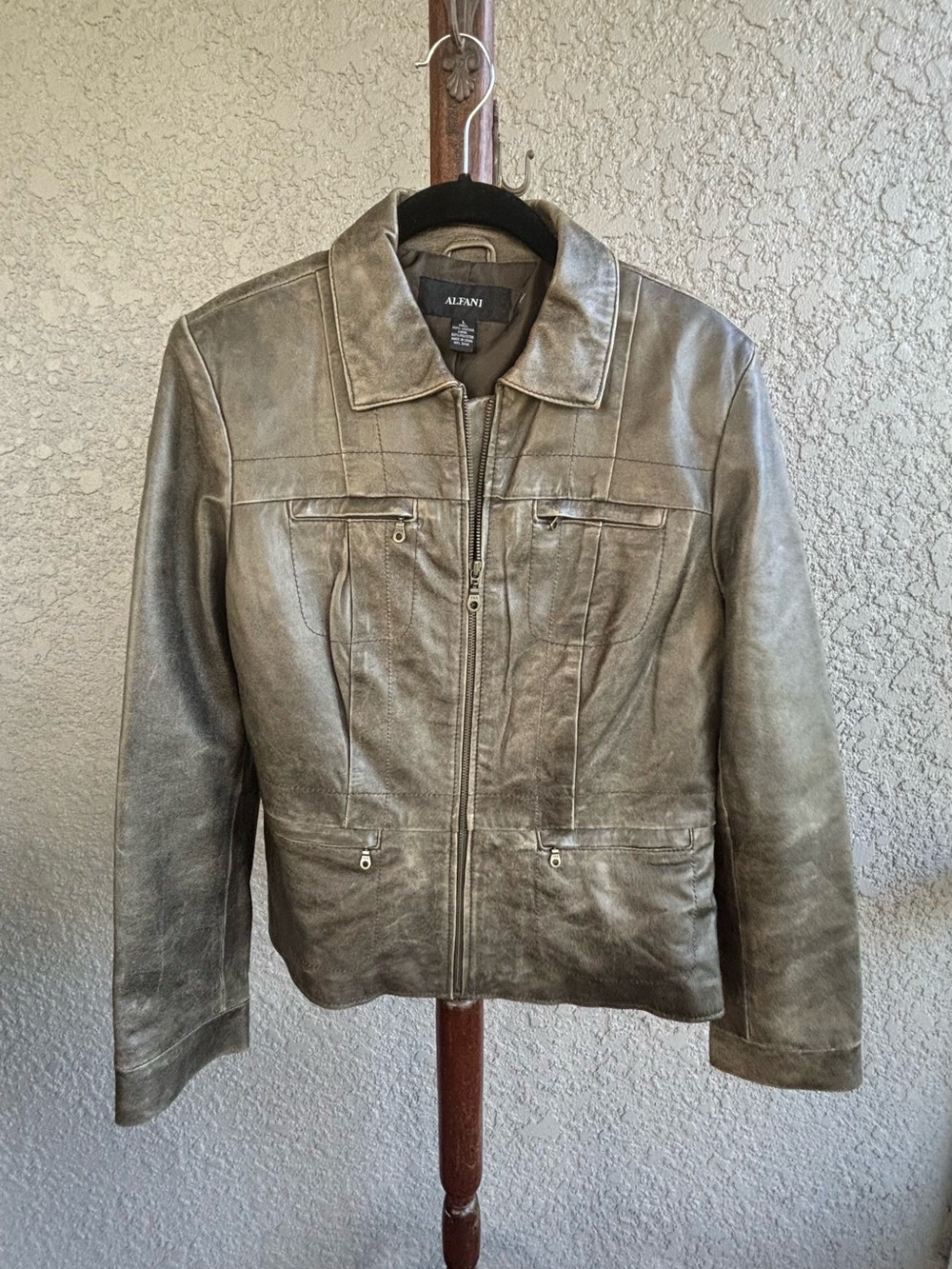 Alfani Distressed Olive Green Leather Zip Jacket